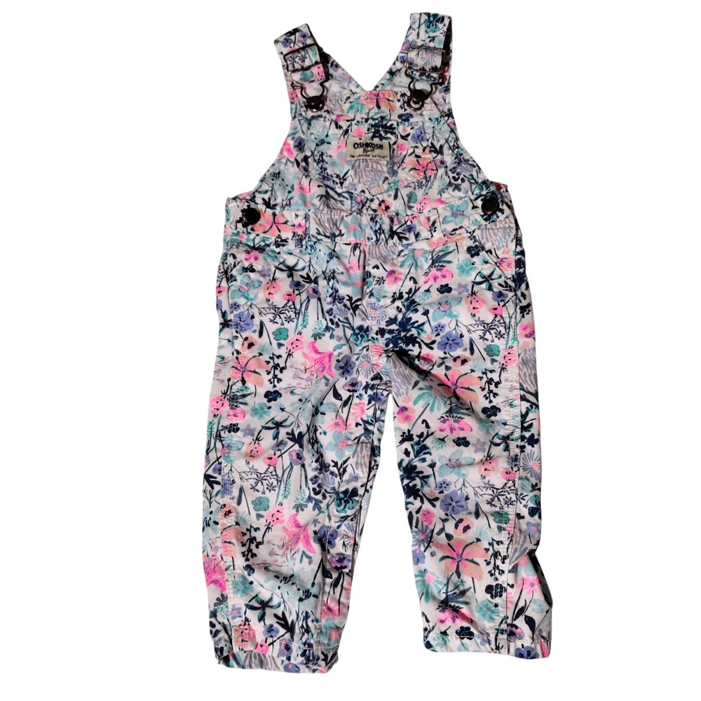 OshKosh B'gosh Girls 9M Floral Vestbak Cotton Canvas Overalls Pink Blue White